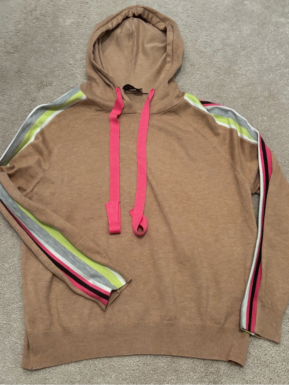 Luminary Women’s Small Knit Hooded Tan Pullover Sweater Wool Blend Striped